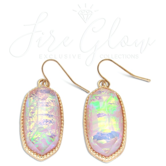 Gold Tone Framed Iridescent Lavender Opal Earrings - Picture 4 of 8